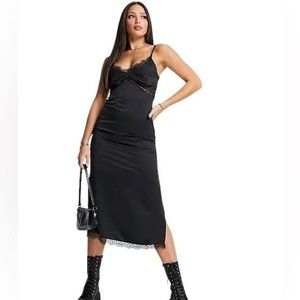 Topshop Dress Women’s 8 Tall Black Satin Lace Trim Slip Midi Side Slit/ Zip NWT